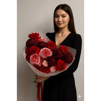 Букет из роз, пионовидных роз, хризантем, спрей роз